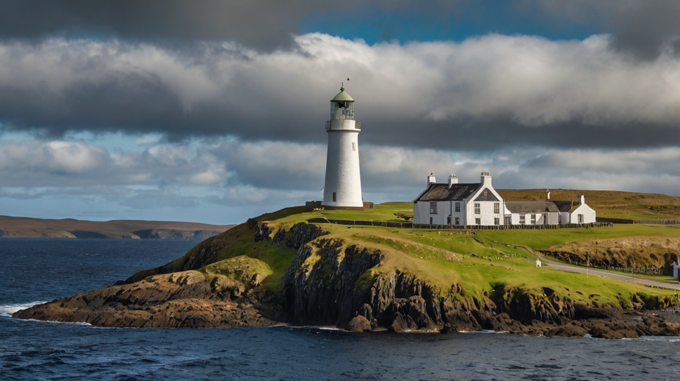 Shetland Islands A white lighthouse and adjacent buildings stand on a grassy cliff overlooking the ocean under a partly cloudy sky, reminiscent of the rugged beauty found in a Norway archipelago.