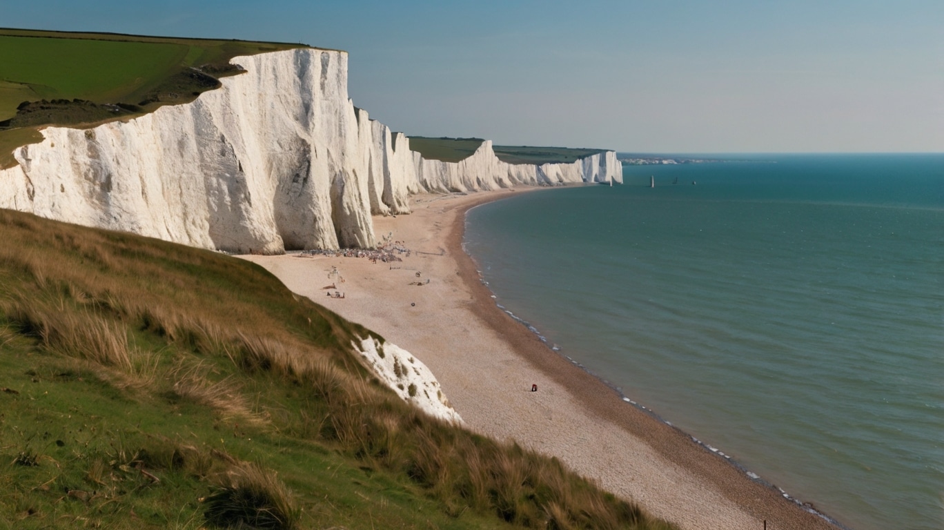 White chalk cliffs, part of the White Cliffs of Dover, rise above a pebbled beach and blue-green sea under a clear sky, with grassy hills on top and a few people visible along the shoreline—one of nature's true wonders.