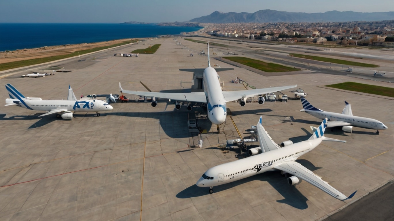 airports in Greece Aerial view of five passenger airplanes parked at airport gates near a coastline in Greece, with mountains and urban buildings in the background—capturing the vibrant atmosphere of this bustling airport in Greece.