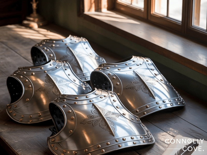 Four ornate metal breastplates with engraved designs, reflecting rich breastplate history, are displayed on a wooden table near a sunlit window. The image features the Connolly Cove logo.