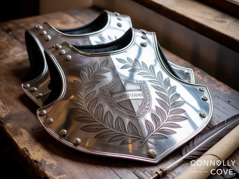 breastplate history

A polished metal breastplate, echoing breastplate history, is engraved with a shield, laurel leaves, and the word "FORTITUDO." It rests on a wooden surface near a feather quill. "Connolly Cove" text is in the corner.