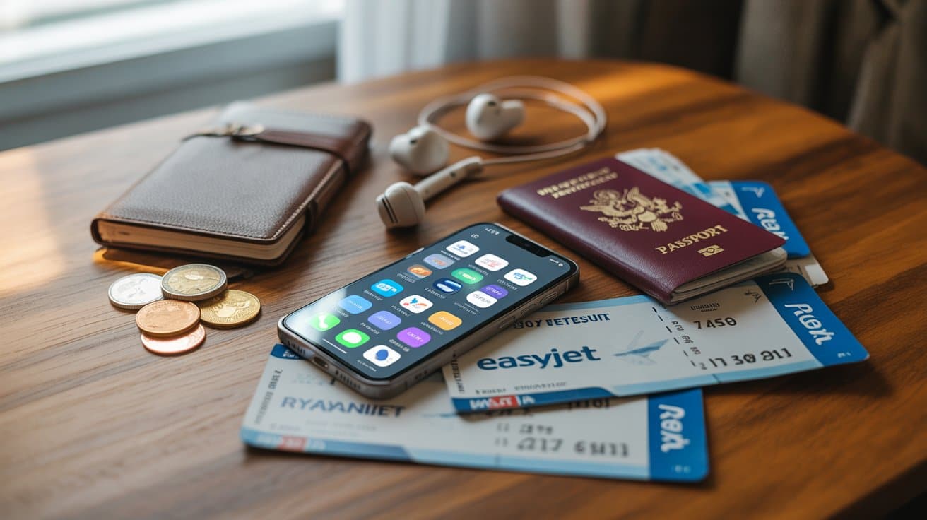 A smartphone, passport, boarding passes, coins, notebook, pen, and earphones are arranged on a wooden table by a window—essentials for anyone passionate about budget travel or travelling smart.
