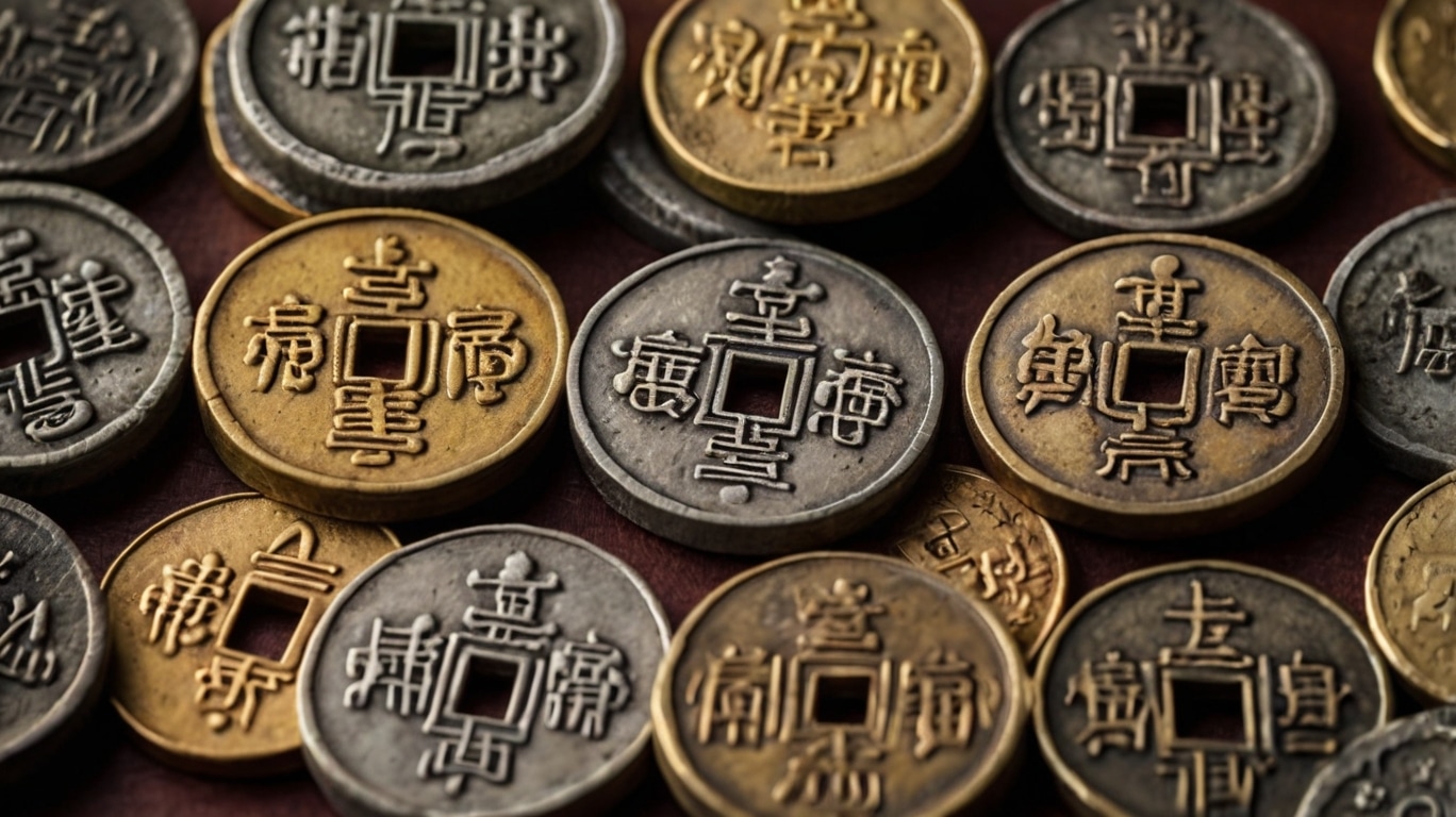 A collection of chinese ancient coins with square holes in the center, featuring inscriptions in Chinese characters, displayed in an overlapping arrangement from Ancient China.
