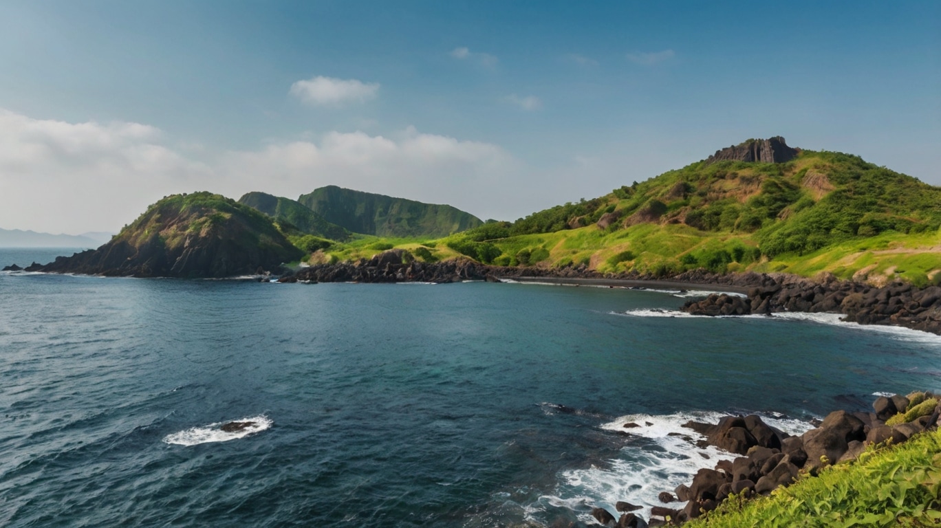 Jeju Island Coastal landscape with a rocky shoreline, gentle waves, and lush green hills under a blue sky with scattered clouds—evoking the natural beauty of Jeju Island.