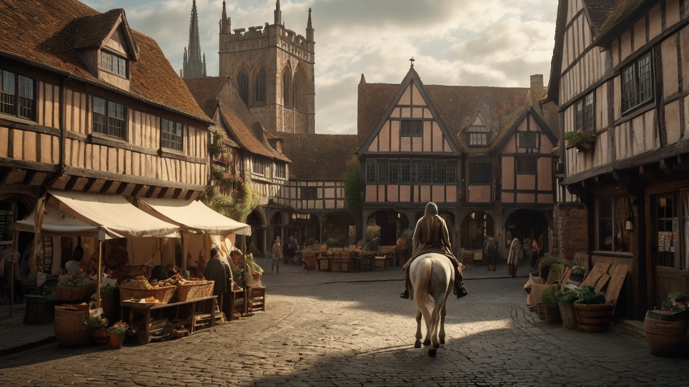 A person reminiscent of Lady Godiva rides horseback through a medieval town square lined with timber-framed buildings, bustling market stalls, and a church in the background under a partly cloudy sky.