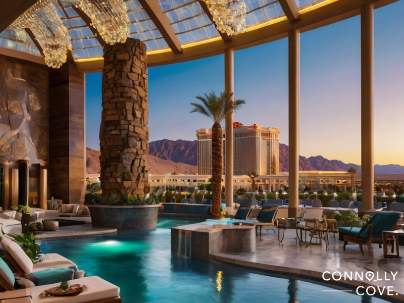 luxury hotels in las vegas
Luxurious indoor pool with lounge chairs, tall stone pillars, and large windows overlooking palm trees, a distant hotel, and mountains at sunset—reflecting the elegance found in luxury hotels in Las Vegas. Connolly Cove logo in the corner.