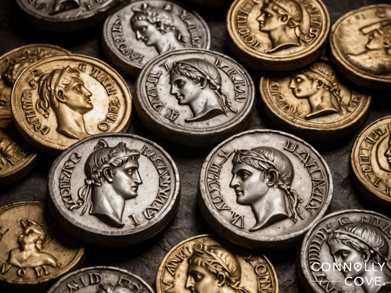 A collection of Roman coins with various portraits and inscriptions, displayed closely together on a dark surface.