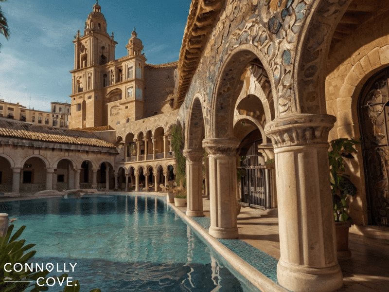 Spanish cities

A historic building with arched stone columns overlooks a clear blue pool, with a tall church tower in the background—evoking the timeless beauty of Spain. The Connolly Cove logo is in the bottom left corner.