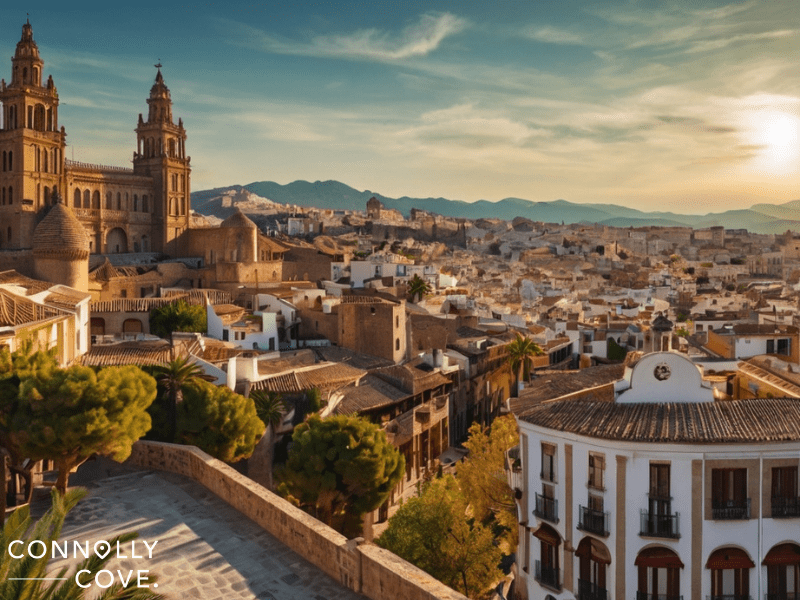 Spanish cities
A panoramic view of a historic Spanish city at sunset, reminiscent of Barcelona or Madrid, features a large cathedral, tiled rooftops, and distant mountains beneath a partly cloudy sky.