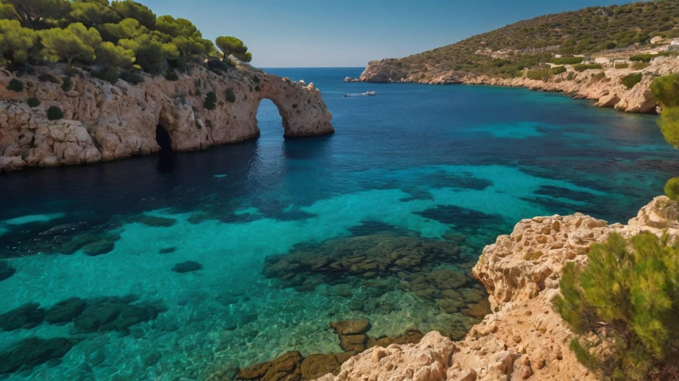 Rocky coastline with clear turquoise water, an arched rock formation, and scattered greenery under a clear blue sky—evoking the stunning beauty of Menorca.