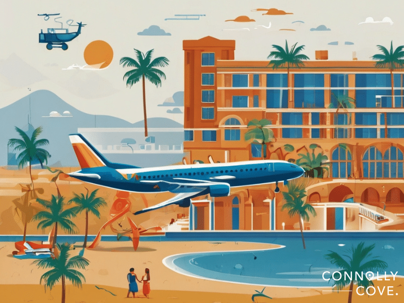 A commercial airplane flies low over a tropical beach resort with palm trees, a large hotel, and people by the water; perfect for unforgettable vacation packages. “Connolly Cove” text in the corner.