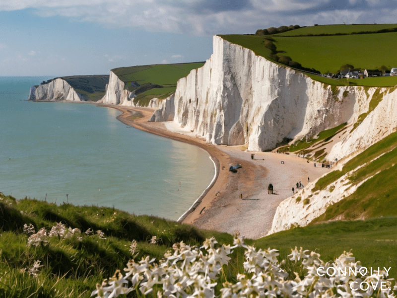 White Cliffs of Dover rise above a sandy beach and turquoise sea under a partly cloudy sky, with green hills and white flowers in the foreground, showcasing the beauty of nature.