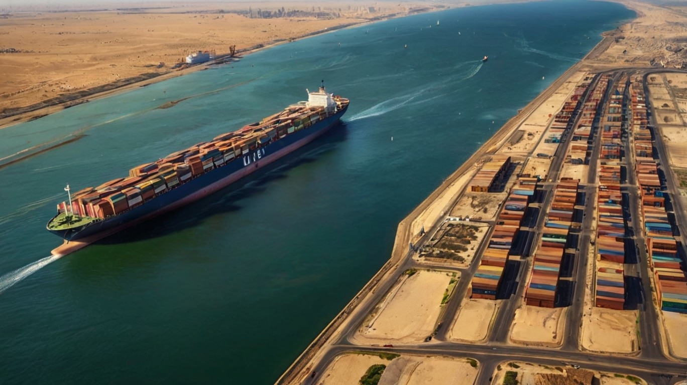 canal cities in Egypt A large container ship sails through the Suez Canal near canal cities in Egypt, bordered by desert landscape. Organized stacks of colorful shipping containers are visible on the right, while the canal stretches into the distance under a clear sky.