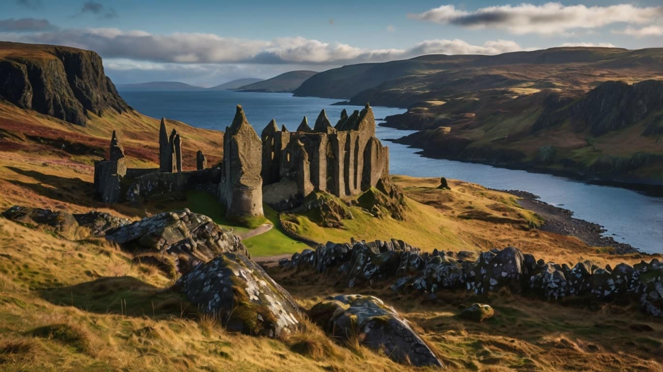history of scotland Ruins of an old stone castle sit atop a grassy hill overlooking a winding river and rugged cliffs, under a partly cloudy sky in the remote, scenic landscape of the ancient Kingdom of Alba in Scotland.