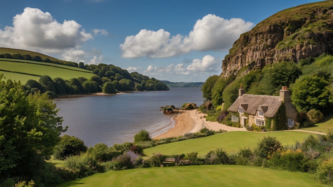 A charming thatched cottage sits by a riverbank with sandy shores, lush green hills, gardens, and a dramatic rocky cliff—an idyllic scene perfect for retreats in England under a blue sky with puffy white clouds.