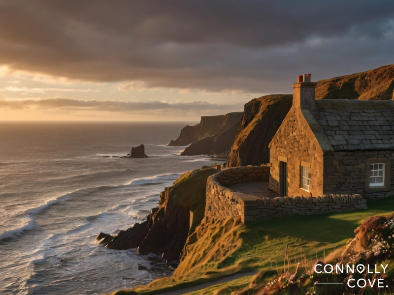 romantic getaways in Northern Ireland
A stone cottage sits atop dramatic sea cliffs at sunset, overlooking waves crashing below—an idyllic spot for romantic getaways in Northern Ireland. The sky is partly cloudy with golden sunlight illuminating the rugged coastline. Connolly Cove is written in the bottom right corner.