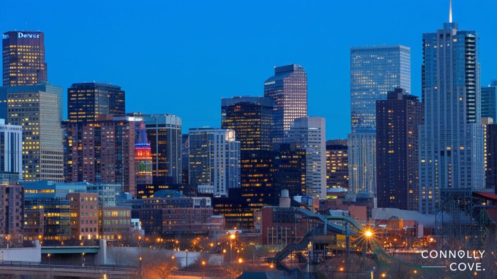 A view of the Denver city skyline at dusk with tall, illuminated buildings against a clear blue sky. The lower foreground shows smaller buildings and streetlights. The words Connolly Cove appear in the bottom right corner.