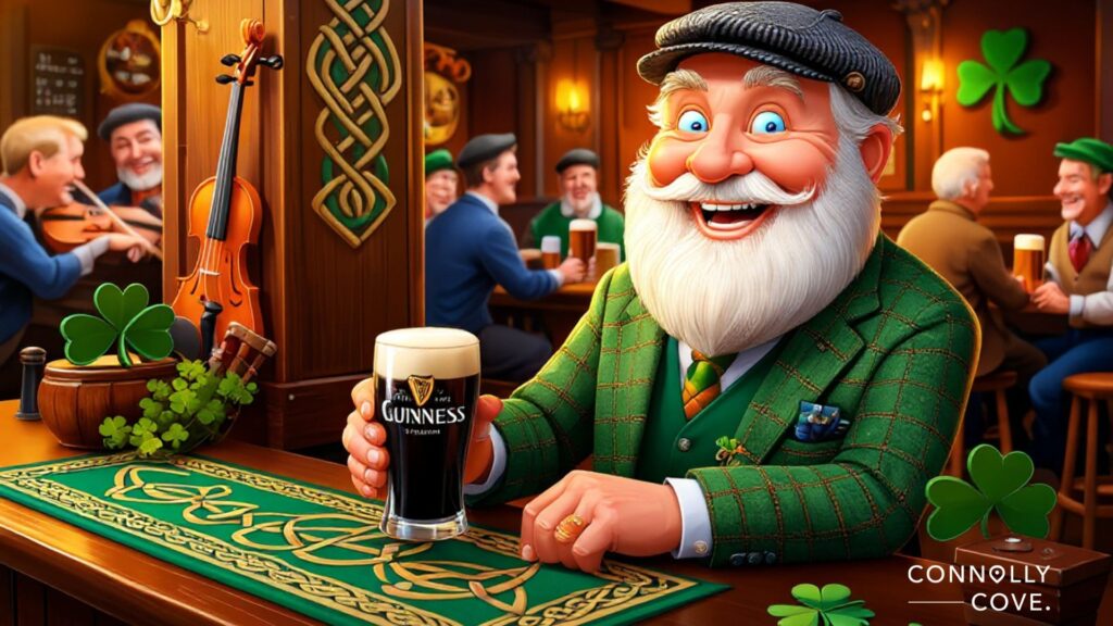 An older man with a white beard, wearing a green plaid suit and cap, smiles at a pub bar holding a pint of Guinness. Shamrocks, musical instruments, and funny Irish sayings fill the lively, warmly lit Irish setting full of humour.