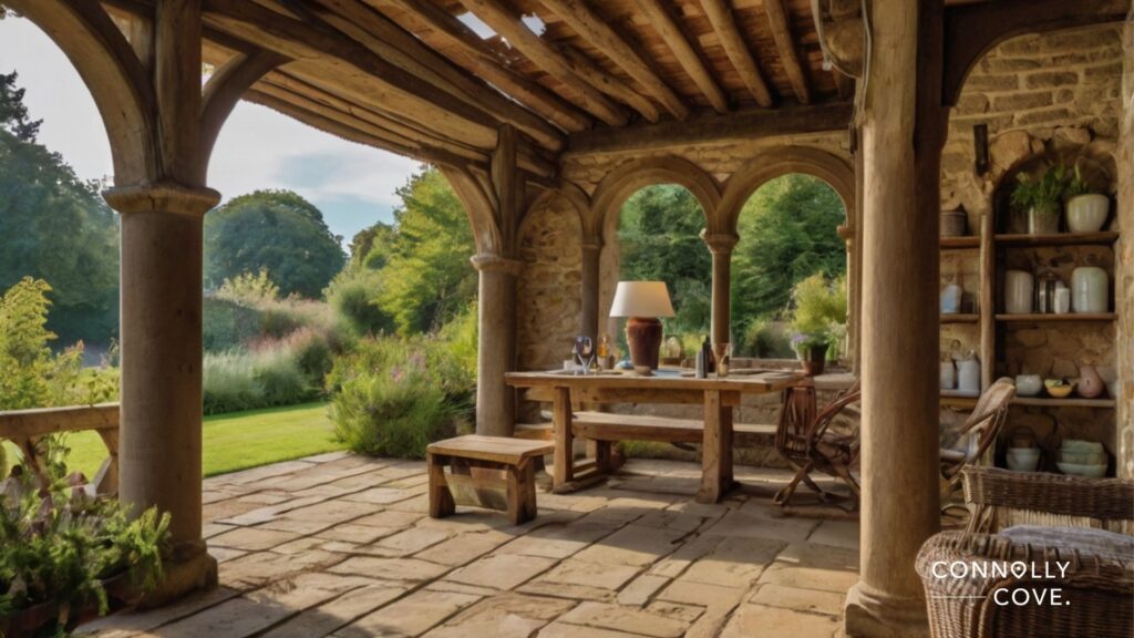 A rustic stone patio with wooden beams, arched openings, a wooden table and benches, overlooks a lush green garden under a bright sky—perfect for retreats in Ireland. Connolly Cove is written in the bottom right corner.