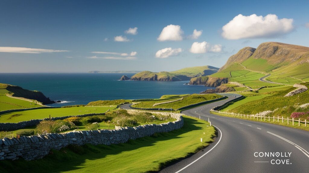 A winding coastal road along The Ring of Kerry runs through lush green fields and hills beside the ocean, with distant cliffs under a blue sky scattered with clouds. Connolly Cove is written in the bottom right corner.
