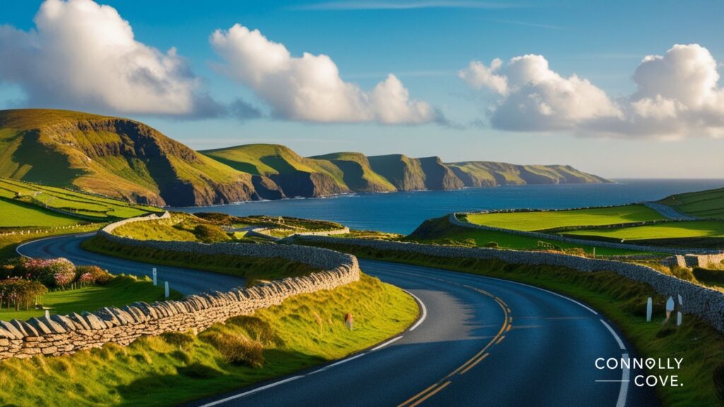 A winding coastal road, part of the iconic Ring of Kerry, bordered by stone walls curves through green fields toward dramatic cliffs and the ocean under a blue sky with scattered clouds. Connolly Cove is written in the bottom right corner.