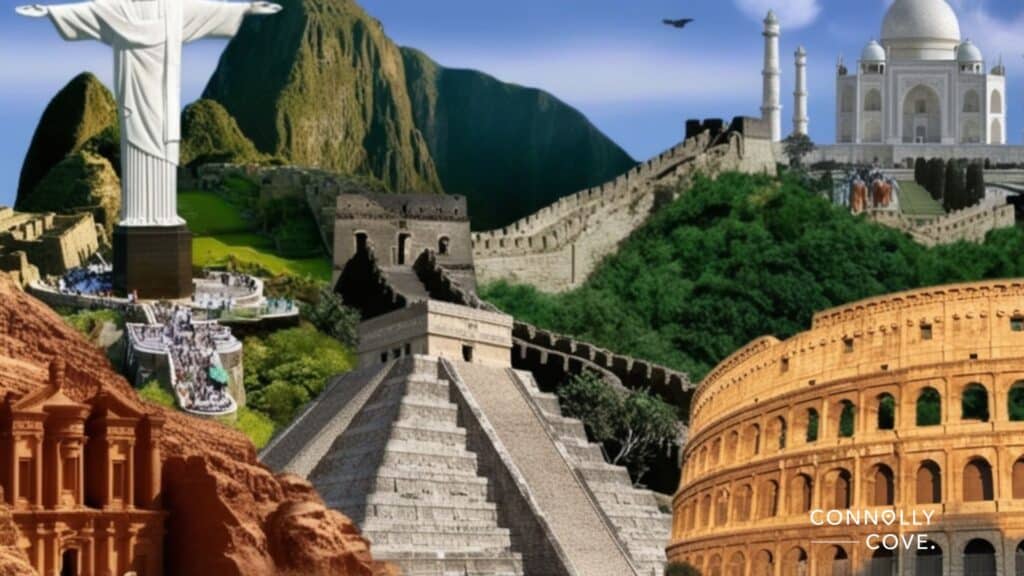 A collage of famous world landmarks celebrates the World's Seven Wonders, featuring Christ the Redeemer, Machu Picchu, the Great Wall of China, the Taj Mahal, Petra, Chichen Itza, and the Colosseum set against a blue sky.