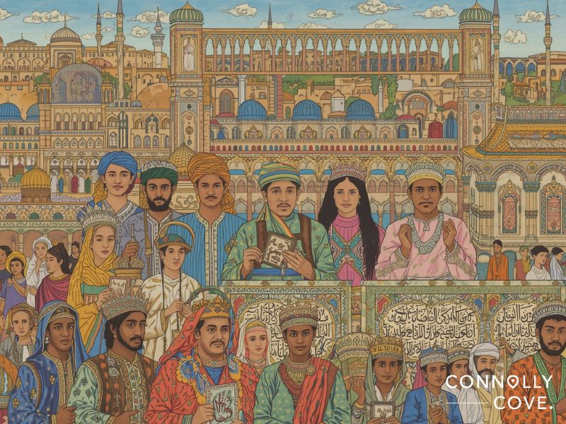 A vibrant illustration of diverse people in traditional Middle Eastern attire, gathered in front of ornate buildings with domes and arches, captures the rich culture of Western Asia. Arabic calligraphy decorates the colorful and detailed foreground.