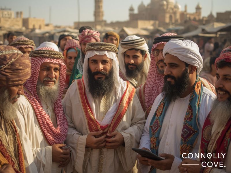 A group of men wearing traditional Middle Eastern clothing and headscarves gather in an outdoor market in Western Asia, with historic buildings in the background. The text CONNOLLY COVE appears in the bottom right corner.