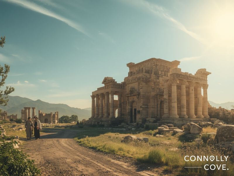 Ancient stone ruins with columns stand under a clear sky in Western Asia, surrounded by grass and scattered rocks. Three people walk on a dirt path nearby. In the corner, the words Connolly Cove are visible.