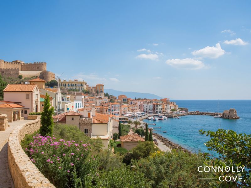 A seaside town in Western Asia with pastel-colored buildings, terracotta roofs, and lush greenery overlooks a calm blue sea and small harbor. A historic stone fortress sits on a hill under a clear, sunny sky.