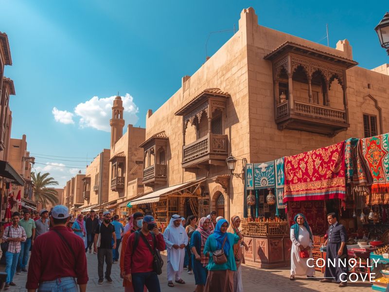 A bustling market street in Western Asia with people walking past traditional beige buildings and colorful fabric stalls, under a bright blue sky. Some shoppers wear traditional clothing.