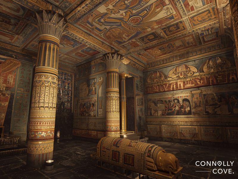 An ornate ancient Egyptian tomb interior, inspired by tomb KV55, with colorful hieroglyphics and murals on the walls and ceiling, two decorated columns, and an elaborate sarcophagus in the center. Lighting highlights the vibrant artwork.