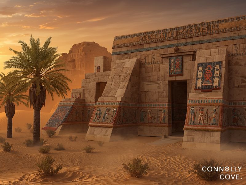 An ancient Egyptian temple with detailed hieroglyphs stands in a sandy desert at sunset, surrounded by palm trees and sparse vegetation. The hazy sky glows warmly, with distant ruins and the mysterious tomb KV55 linked to Akhenaten in the background.