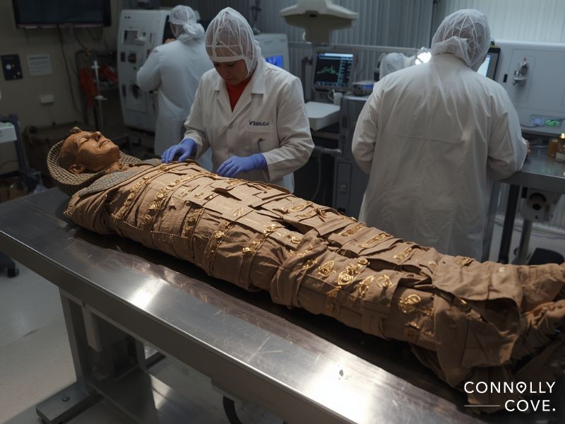 Researchers in lab coats and hair nets examine an ancient Egyptian mummy, believed to be Akhenaten from tomb KV55, wrapped in decorated linen and laid out on a metal table in a modern laboratory setting.