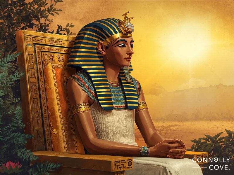 An ancient Egyptian pharaoh, believed to be Akhenaten, wearing a striped blue and gold headdress and white attire sits on an ornate golden throne at sunset. The image is marked with CONNOLLY COVE in the corner, referencing tomb KV55.