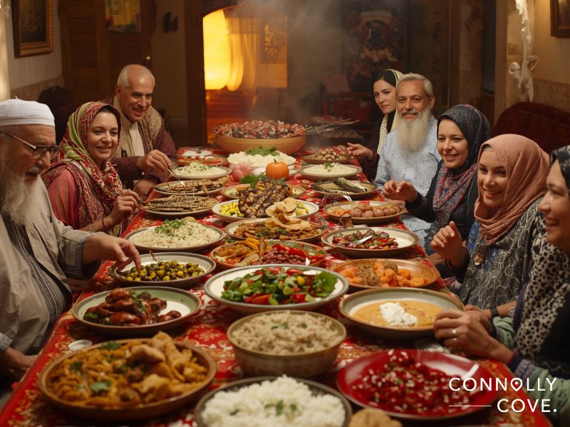 A joyful multigenerational family sits around a table filled with a wide variety of traditional Middle Eastern dishes, smiling as they share a festive meal together in a warmly lit, cozy room.