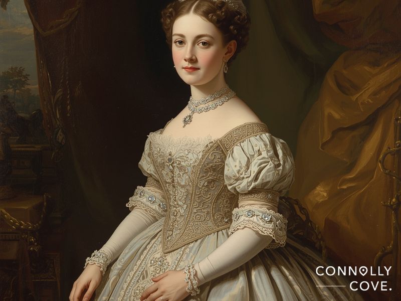 A woman in an ornate Victorian-style dress, reminiscent of Queen Victoria, poses indoors. She wears pearl jewelry and has ringlet-styled hair. The elegant backdrop features draped curtains and classical decor. Text reads CONNOLLY COVE.