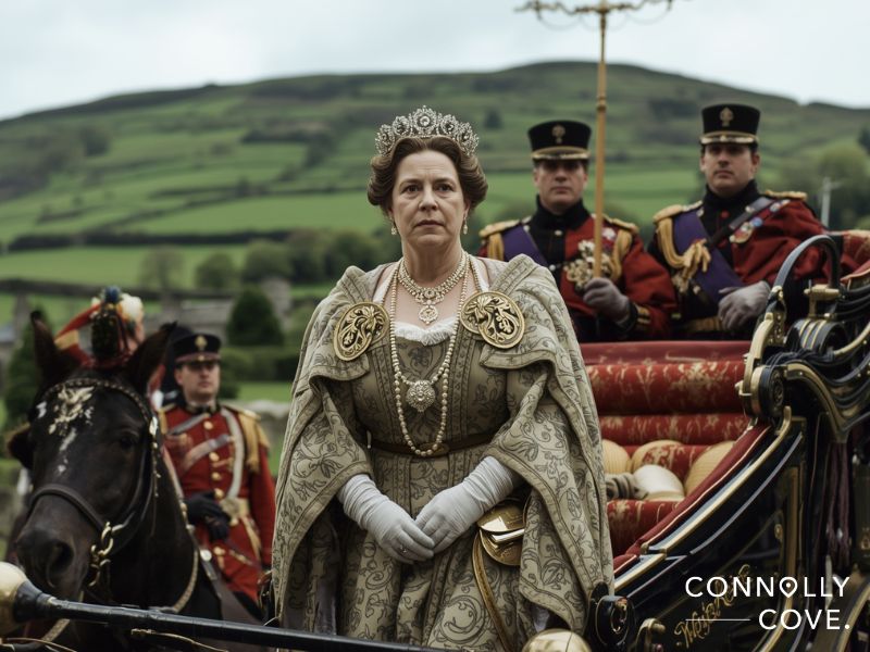 A woman dressed as Queen Victoria in ornate clothing and a crown stands in a horse-drawn carriage, flanked by guards in red uniforms, with green hills in the background. The text “CONNOLLY COVE” appears in the corner.