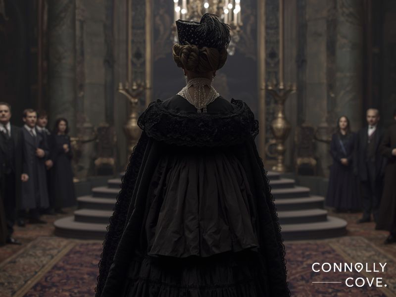 A woman in an elaborate black gown and headdress stands with her back to the camera in an ornate, dimly lit hall, channeling the elegance of Queen Victoria as formally dressed people watch her. The image features the text CONNOLLY COVE in the corner.