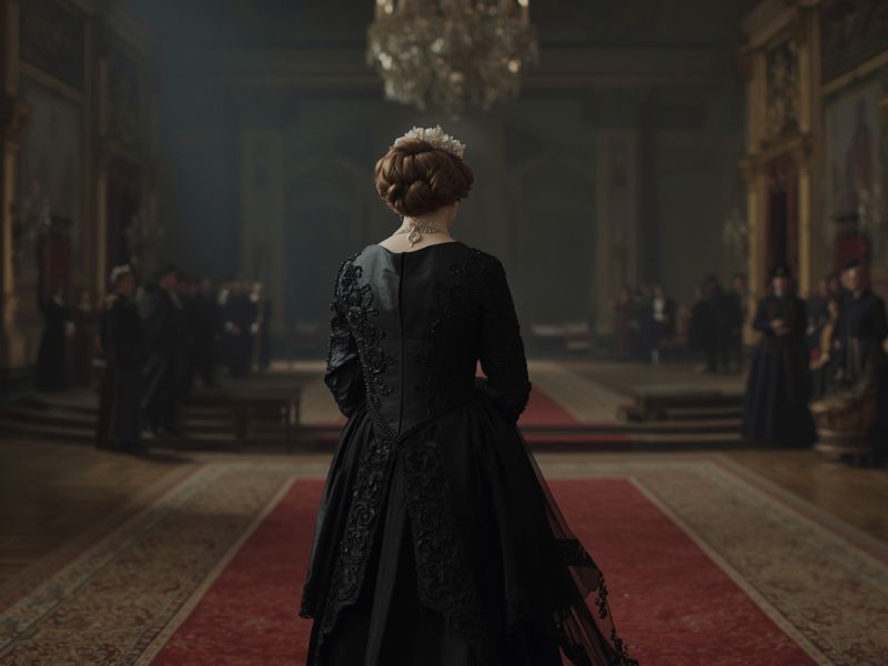 A woman in an elegant black Victorian dress stands with her back to the viewer in a grand, ornate hall, evoking the grace of Queen Victoria, as she’s surrounded by formal guests amid chandeliers and red carpets that enhance the regal atmosphere.