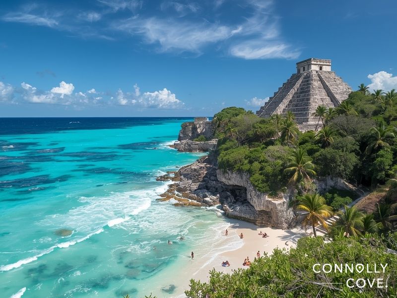 Tulum ruins and beach demonstrating Mexican tourism statistics with 2 million annual visitors to coastal archaeological site
