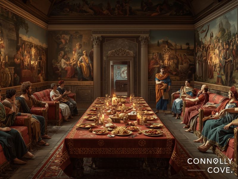 Wealthy Romans dining at a feast during the Roman Empire era showing social customs and food culture