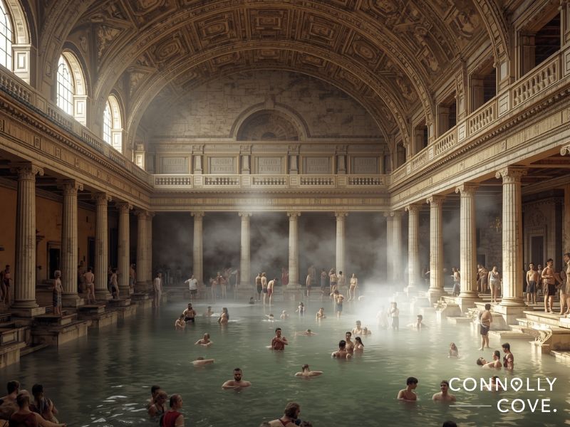 Roman Empire public baths showing the elaborate bathing complex and social gathering spaces