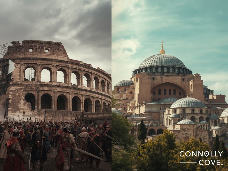 The fall of the Western Roman Empire contrasted with the surviving Eastern Byzantine Empire