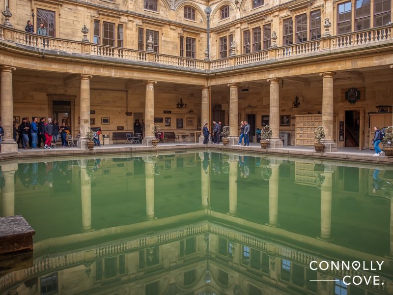 Roman Empire baths at Aquae Sulis (Bath) showing the remarkably preserved Great Bath in England