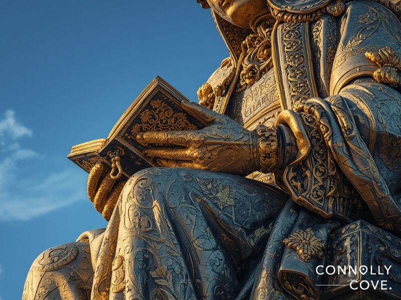 Detailed view of Prince Albert's statue at the Albert Memorial holding the Great Exhibition catalogue