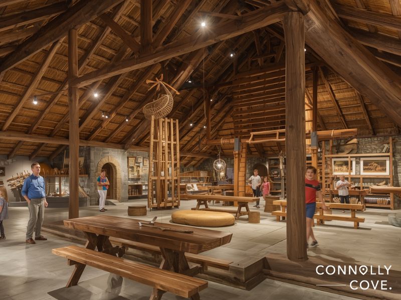 A spacious museum exhibit features wooden beams, picnic tables, and various historical displays on Ireland’s history. Several people explore the area, which has a high thatched roof and warm lighting. Connolly Cove is written in the corner.
