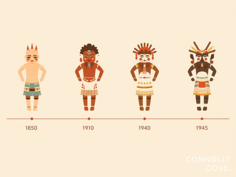 Illustration showing the evolution of Native American ceremonial dress from 1850 to 1945–four figures, including representations inspired by Hopi kachina dolls, wear distinct traditional outfits from each period, labeled by year on a timeline.