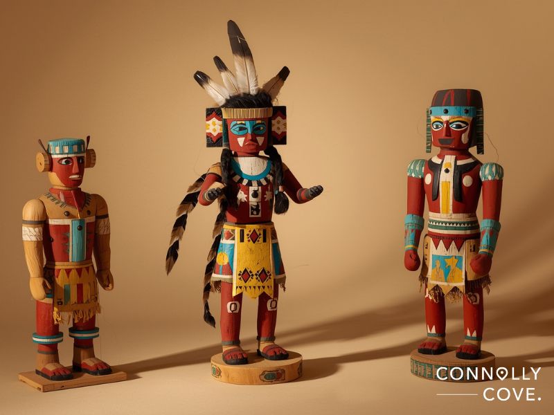 Three colorful Hopi kachina dolls with intricate patterns and feathered headdresses stand against a beige background. The logo CONNOLLY COVE. appears in the bottom right corner, highlighting the beauty of Hopi culture.