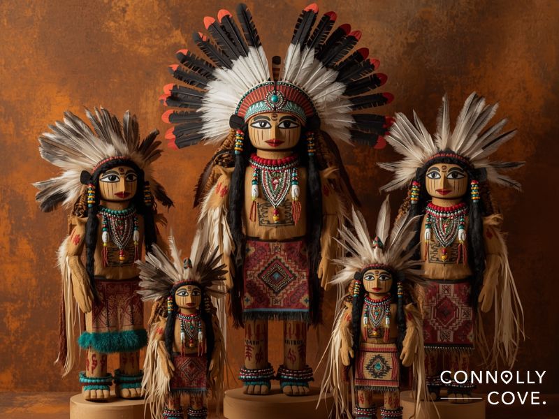 Five intricately decorated Hopi kachina dolls with feathered headdresses and colorful beadwork stand together against a brown textured background. The text CONNOLLY COVE appears in the lower right corner.